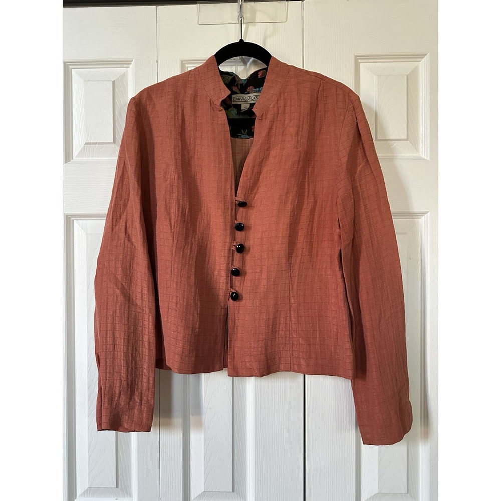 Canvasbacks Jacket Womens 14 Rust Orange Artsy Autumn Brooch Silk Linen